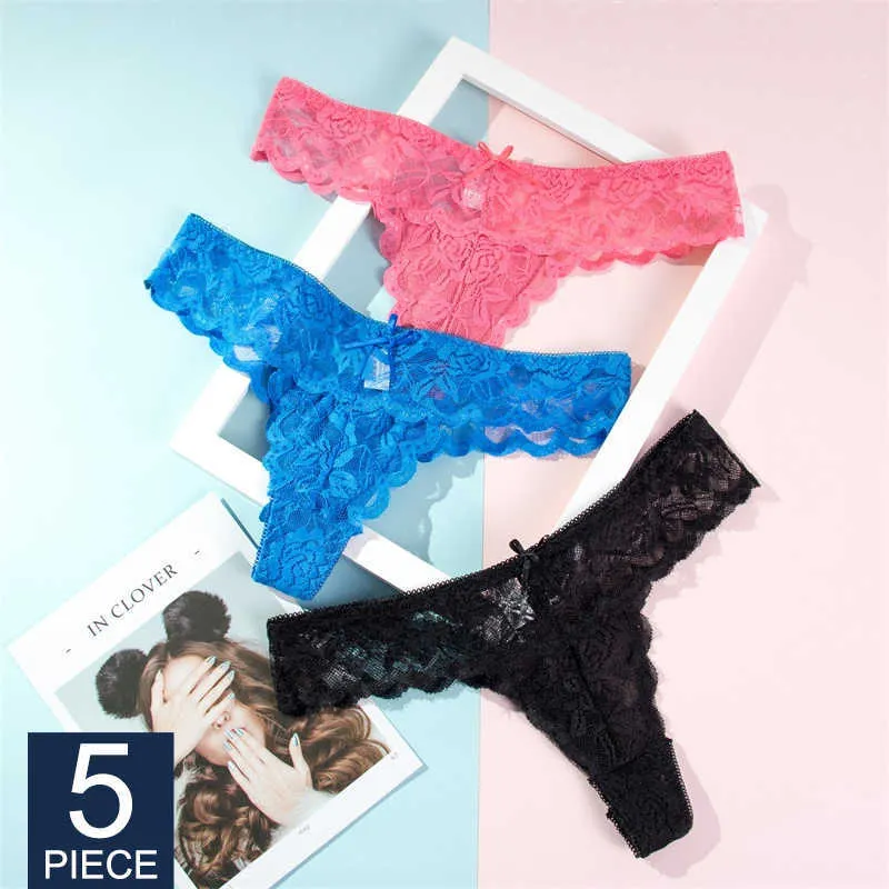 5pcs Women Panties Sexy Thongs G-string Lace Lingerie Female Underwear Ladies Low Waist T-back Gift Beautiful Underpants Y0823