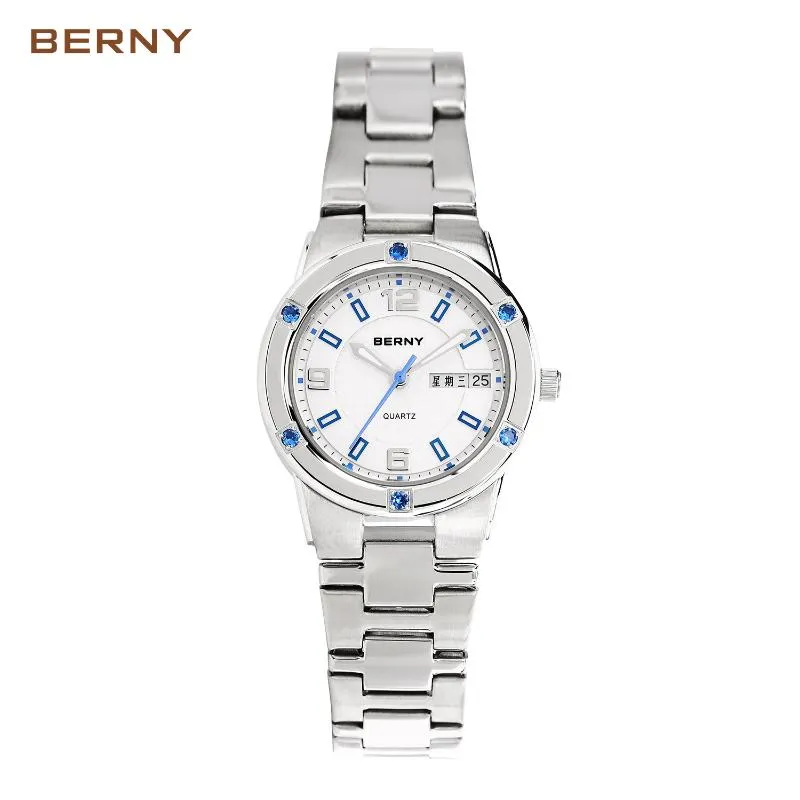 Zegarek Berny Ladies kwarc zegarek dla kobiet zegarki ze stali nierdzewnej obudowa niebieska kalendarz zwykły wodoodporny prezent świąteczny renOj de Mujer