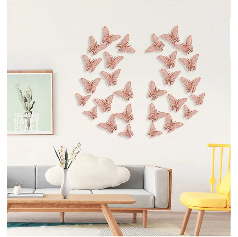 12 шт. / Установить розовое золото 3D полые наклейки на стену бабочка для домашнего декора бабочки наклейки для дома украшения комнаты вечеринка свадебные декоры WLL993