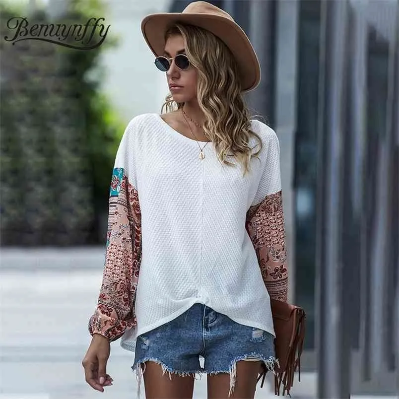 White Print Batwing Sleeve Loose T-Shirt Women Autumn Boho Color Block Round Neck Long Casual T shirt Top 210510