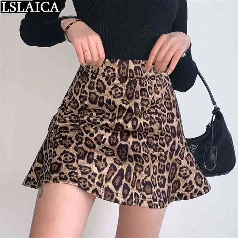 Женская юбка уличная одежда высокая талия леопардовый печать мода A-Line по прибытии случайный ночной клуб Sexy Slim Mini 210515