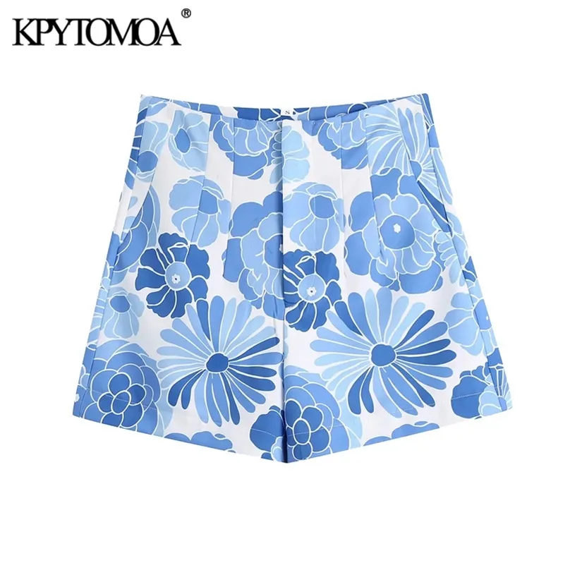 Kpytomoa kvinnor chic mode sidofickor blommig print bermuda shorts vintage hög midja dragkedja flyga kvinnliga korta byxor mujer 210719