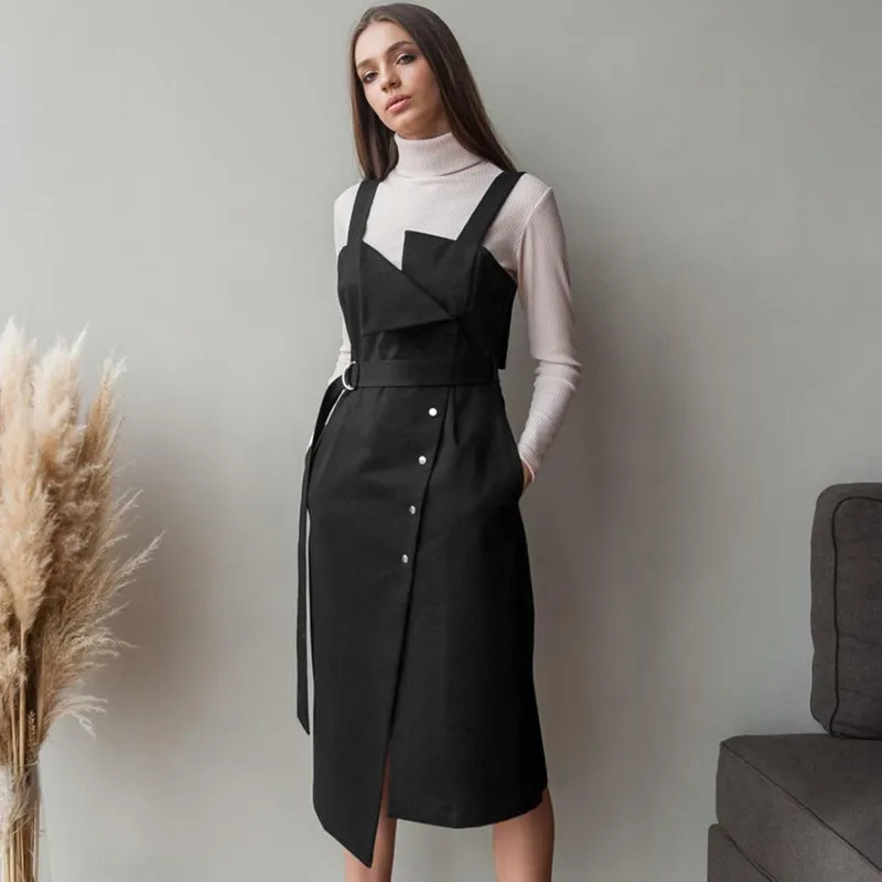 Vintage Cotton Belted Pinafore Vestido Dungaree Dress for Women - Sleeveless, Casual, and Irregular - Perfect for Spring and Summer - Style 210422