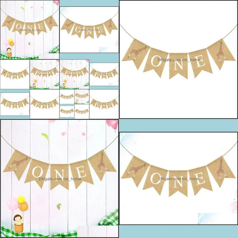 Banner flags Party supplies First Anniversary Flat Giraffe And A Printing Jute Swallowtail Bunting Baby Shower Button Garland Feet Tickets