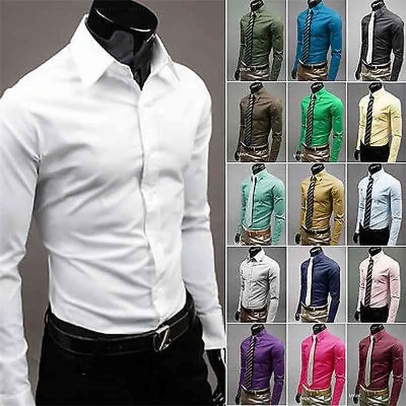 Mens Luxury Formal Work Casual Plain Suit Slim Fit Bottom Down Dress Shirt Tops 210626