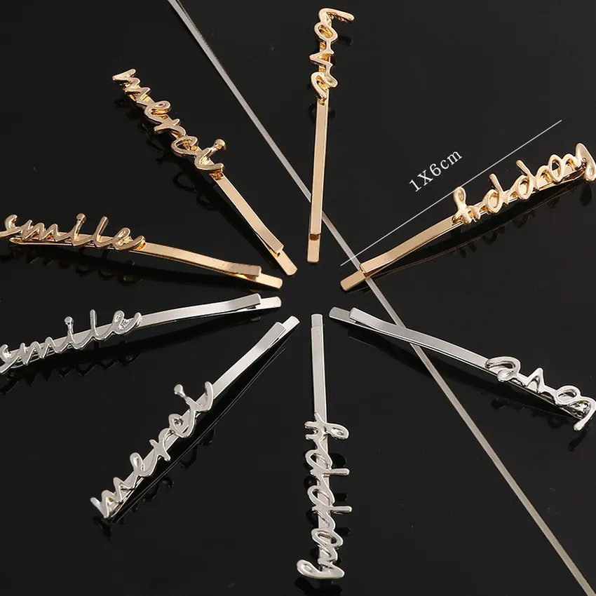 Buchstabe Lächeln Liebe Glücklich Haarspange Frisur Haarspangen Clips Silber Gold Bobby Pin für Frauen Kinder Modeschmuck wird und sandig