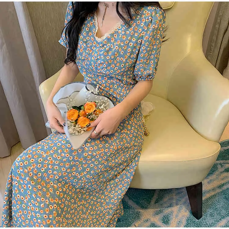 Women Floral Chiffon Dress Mid-Calf V-Neck Zipper Closure Casual Autumn 3/4  Sleeve from Dhgate Basic & Casual Dresses - price 42.2