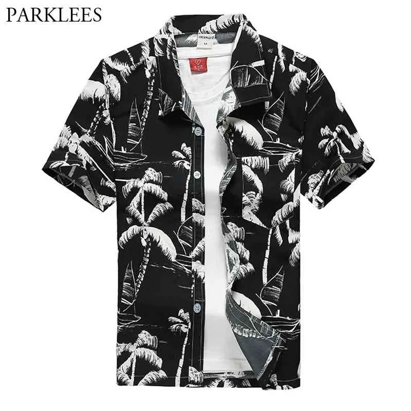 Black Hawaiian Beach Shirt Mannen Zomer Mode Palm Tree Gedrukt Tropische Aloha Shirts Mens Party Casual Holiday Kleding 210522