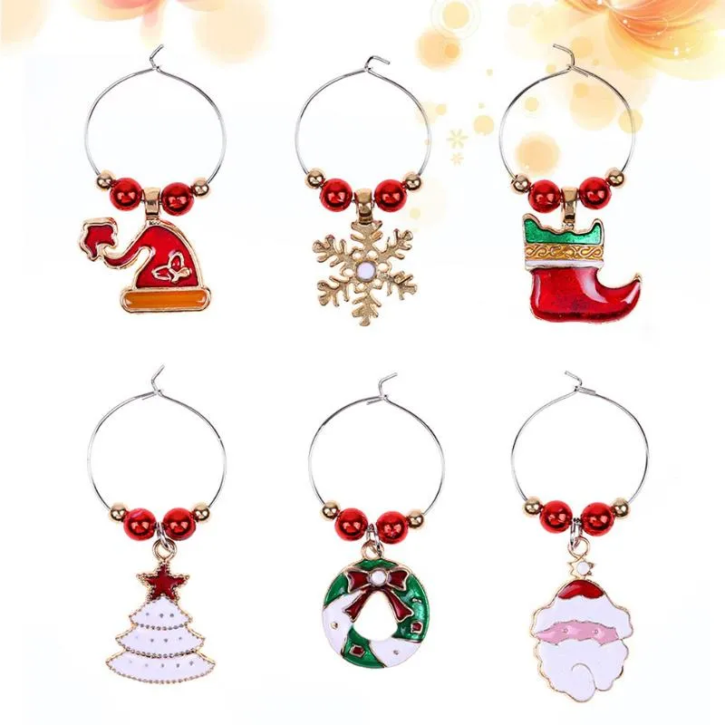 펜던트 목걸이 6pcs 트리 산타 클로스 모양 유리 장식 반지 크리스마스 테마 고블릿 홈 파티 드롭 장식품