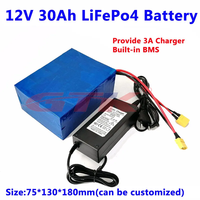 GTK Lifepo4 12v 30ah lithium battery pack XT90 plug for electric motorcycle 12v golf trolley + 14.6V 5A Charger