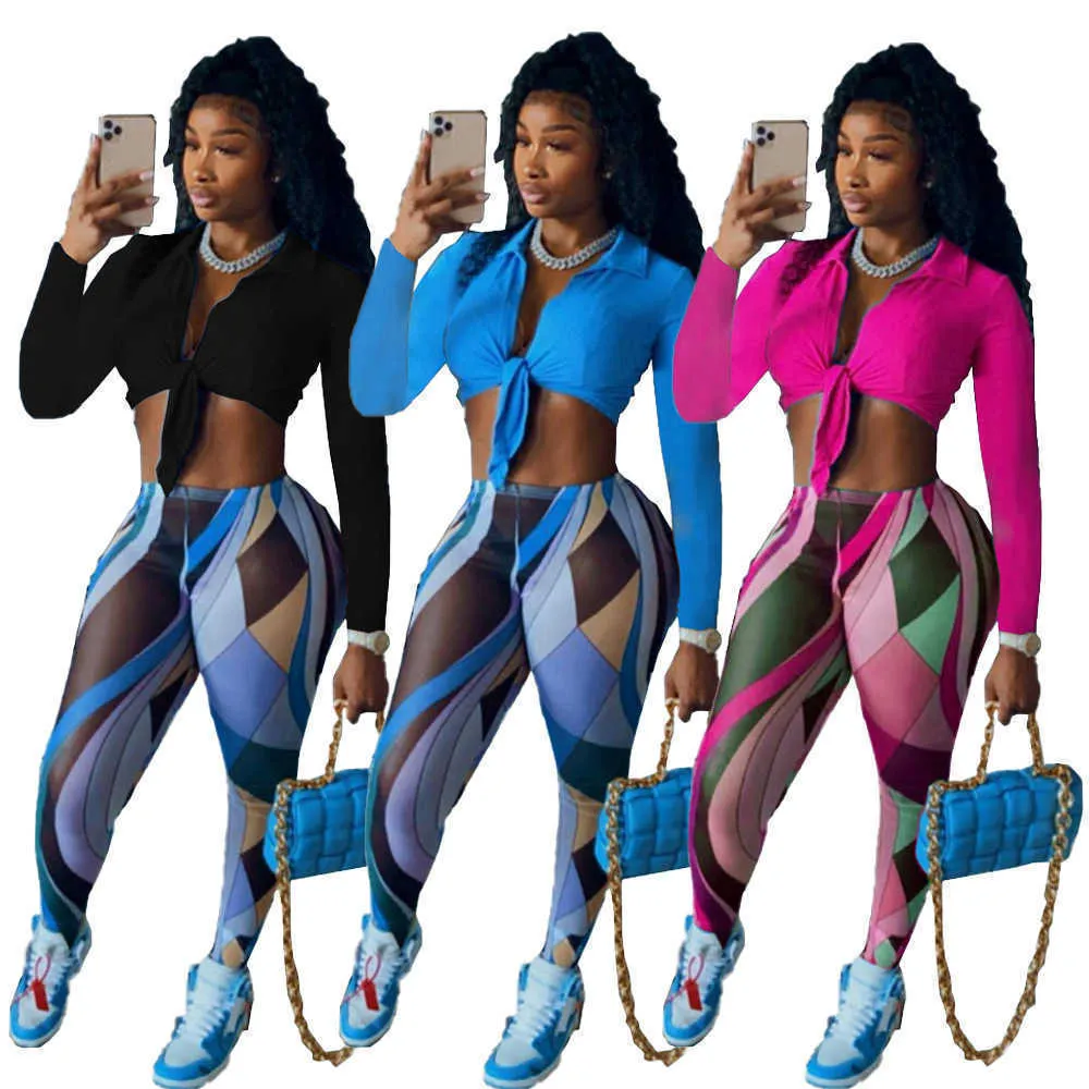 2021 sonbahar estetik baskı iki parçalı eşleştirme seti kadın eşofman takım elbise uzun kollu çevirin yaka mahsul top ve egzersiz legging kadın giyim