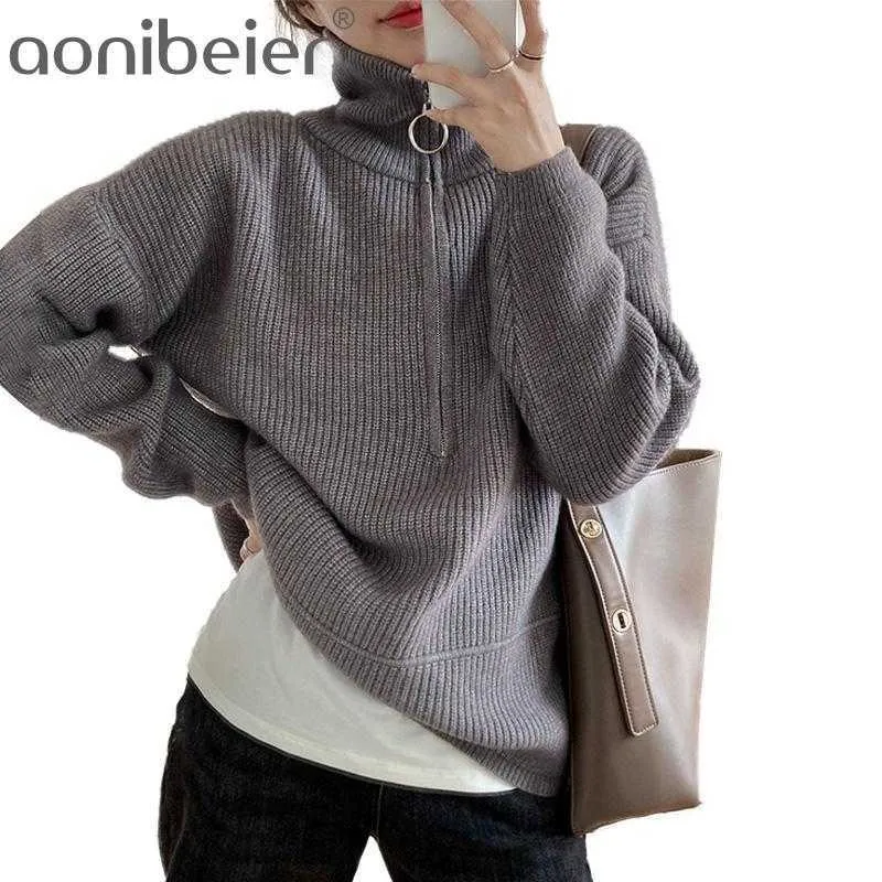 Весна осенью-водолазки свитер на молнии дизайн с длинным рукавом свободные женские моды повседневные пуловеры тянуть FEMME 210604