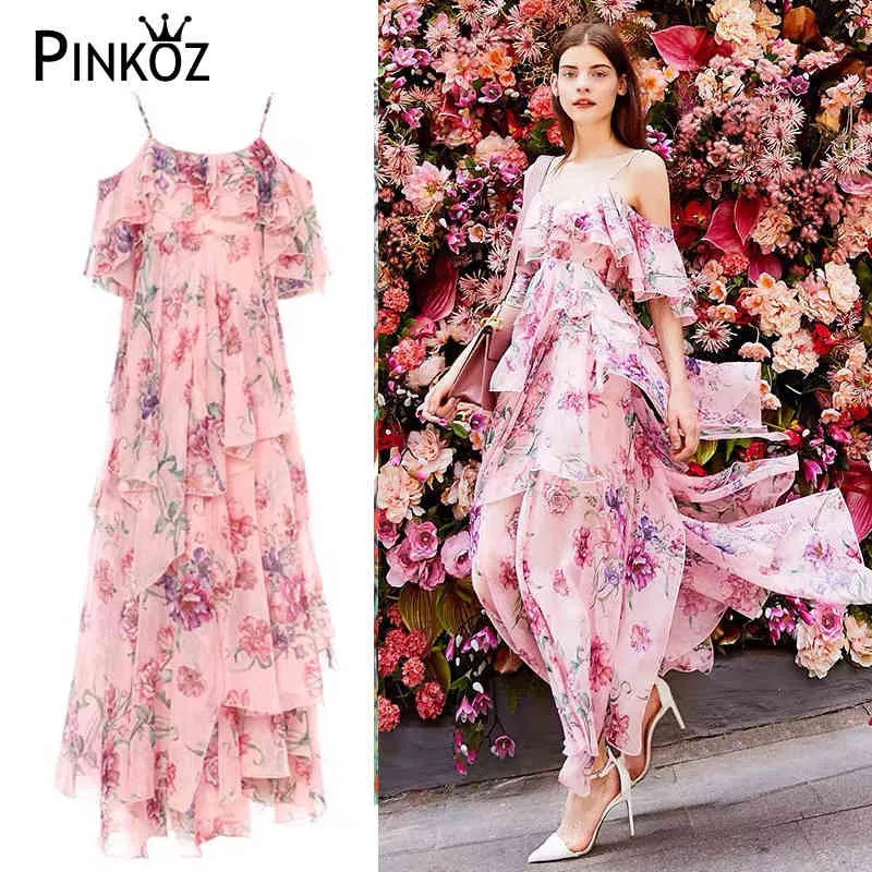 Pembe Çiçek Baskı Elbise kadın Seksi Kapalı Omuz Yüksek Bel Ruffles Yaz Moda Pist ResortDresses Vestidos 210421