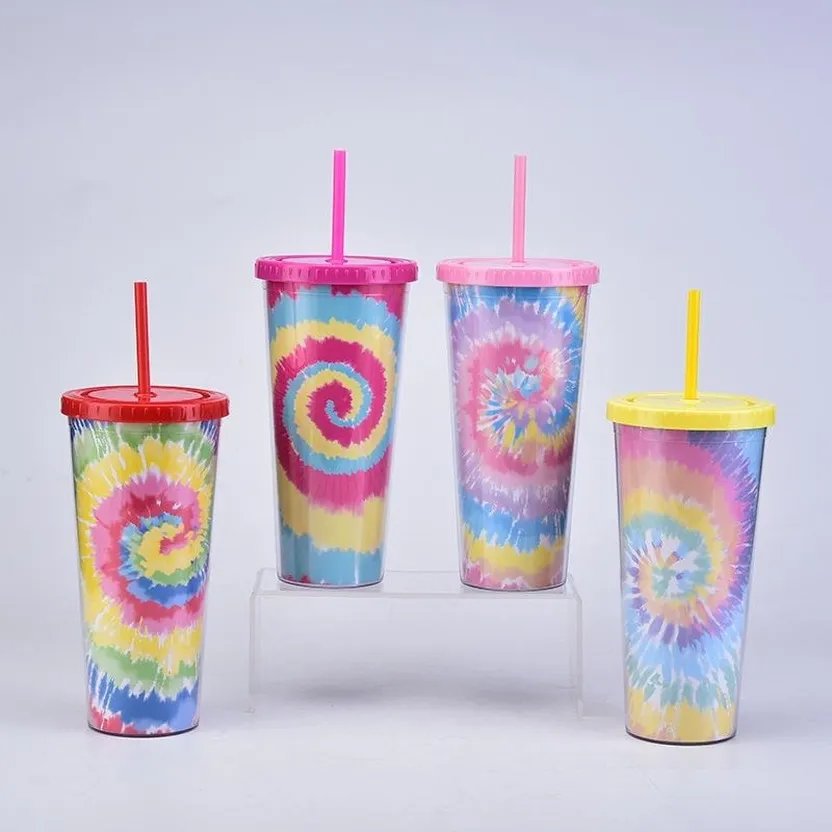 24 oz Tie-Dye Tumbler med lock och återanvändbar halm Färgglada Dubbelmur Isolerad Rese Mugg Cup