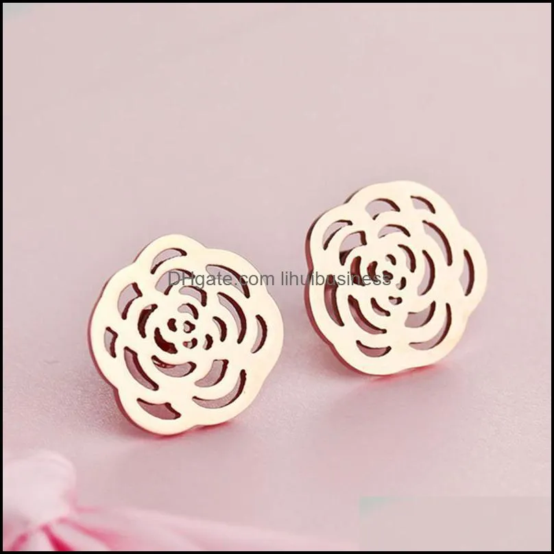 Stud 18KGP Rose Gold Color Titanium Steel Camellia Earrings Classic 316L Stainless Jewelry For Women Note Fade (GE105)1