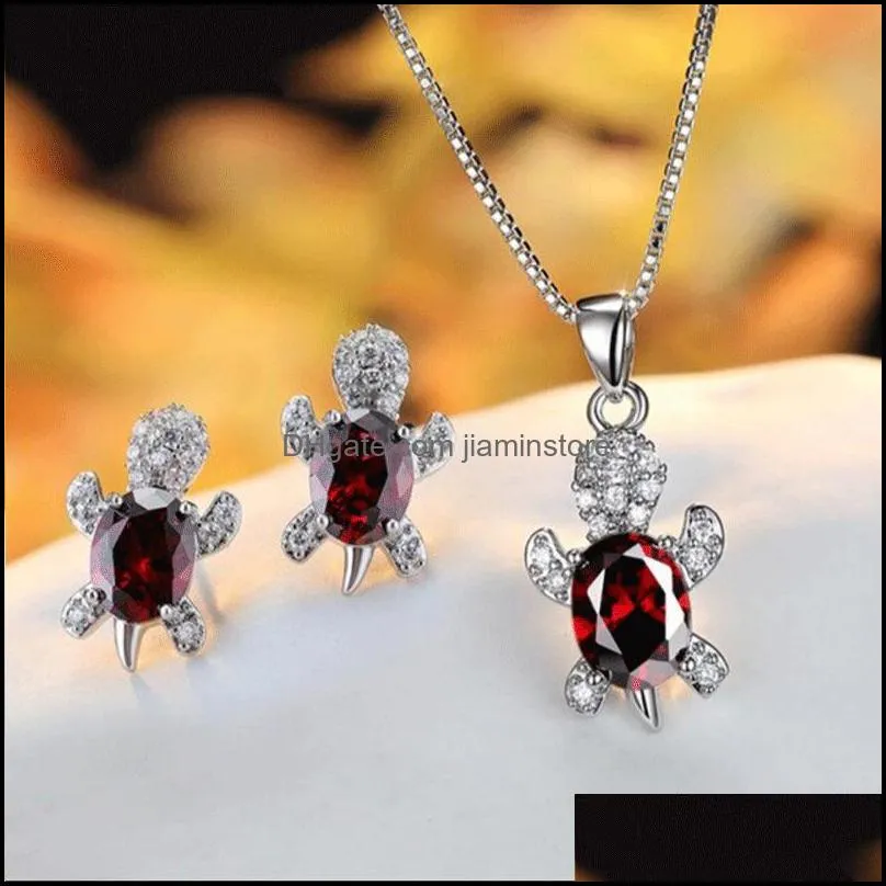 Blue Purple Oval Zircon Turtle Stud Earrings and Chain Necklaces For Women Wedding Jewelry Sets Rainbow Crystal Stone Bridal Se