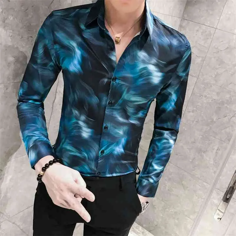 Осенняя с длинным рукавом красивые печатные мужчины британский стиль рубашки мода повседневная S Slim Fit Party платье Camisa Homem 210721
