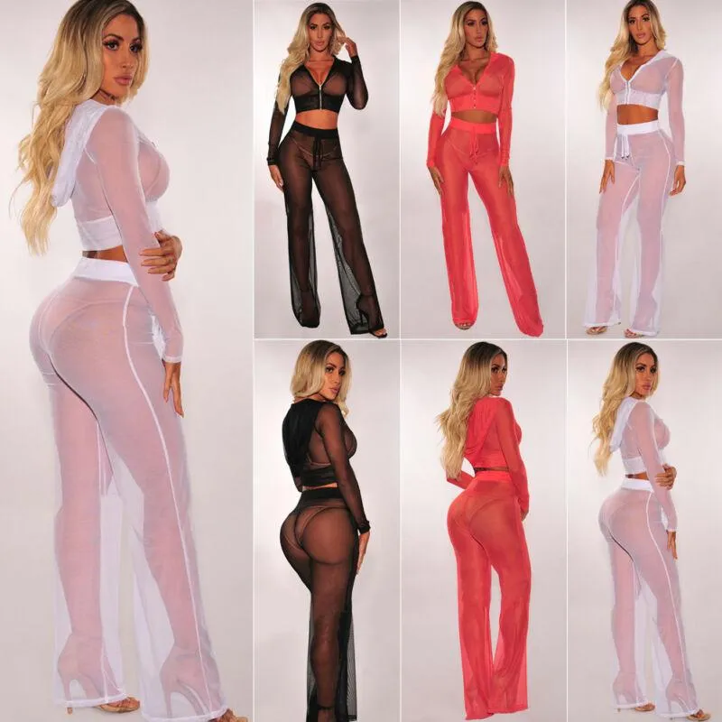 Mujeres Bikini Cover Ups 2pcs Set Mesh Sheer Sheer Ver a través del traje de baño Sudaderas con capucha Tops + Pantalones largos Femenino Playa Trajes Ropa Mujeres