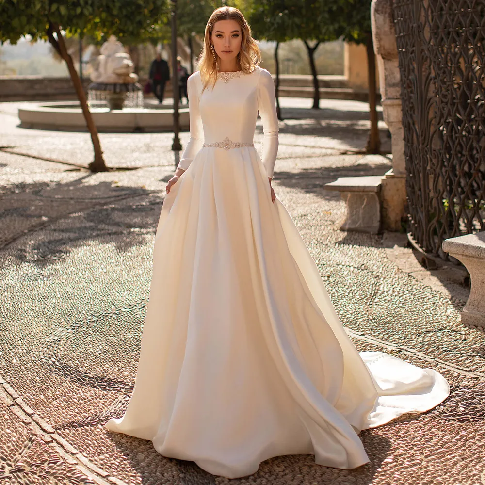 2022 Elegant Satin Princess Long Sleeve Wedding Dresses with Beaded Appliques and Scoop Detail - Long Sleeves, Backless A-Line Bridal Dress (Vestido