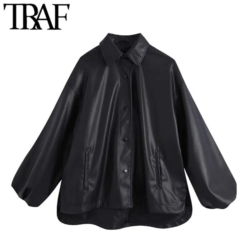 Women Fashion Faux Leather Oversized Asymmetric Jacket Coat Vintage Lantern Sleeve Female Outerwear Chic Tops 210507
