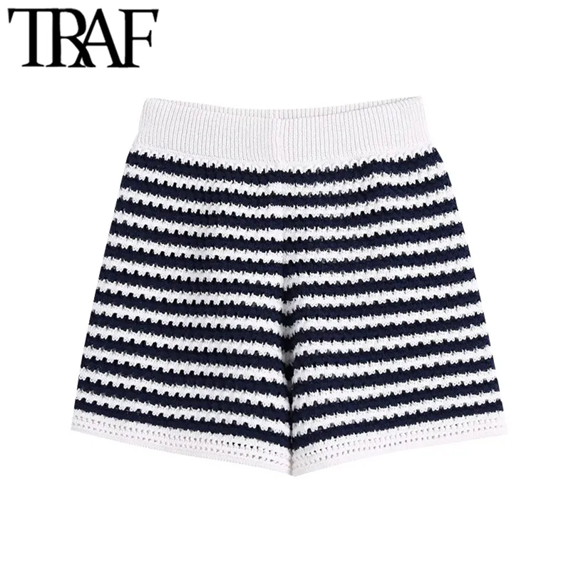 TRAF Dames Chique Mode Gestreepte Gebreide Shorts Vintage Hoge Elastische Taille Vrouwelijke Korte Broek Mujer 210625