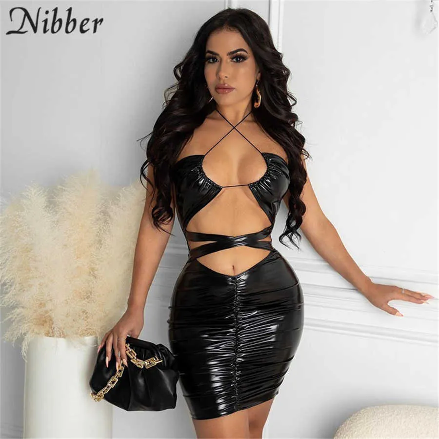 Nibber PU кожаные мини-платья сплошные женщины сексуальные Halter Bandage расщепление с низкой шейной шелкой Bodycon Bodycon Midnight Party Clubwear Outfits Y0726