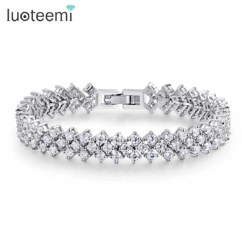 Luoteemi Top Qualité Clear Aaa Zircone Cubique Blanc Or Couleur Rome Design Bracelet pour Femmes Brésil Cuivre Bracelet Q0720