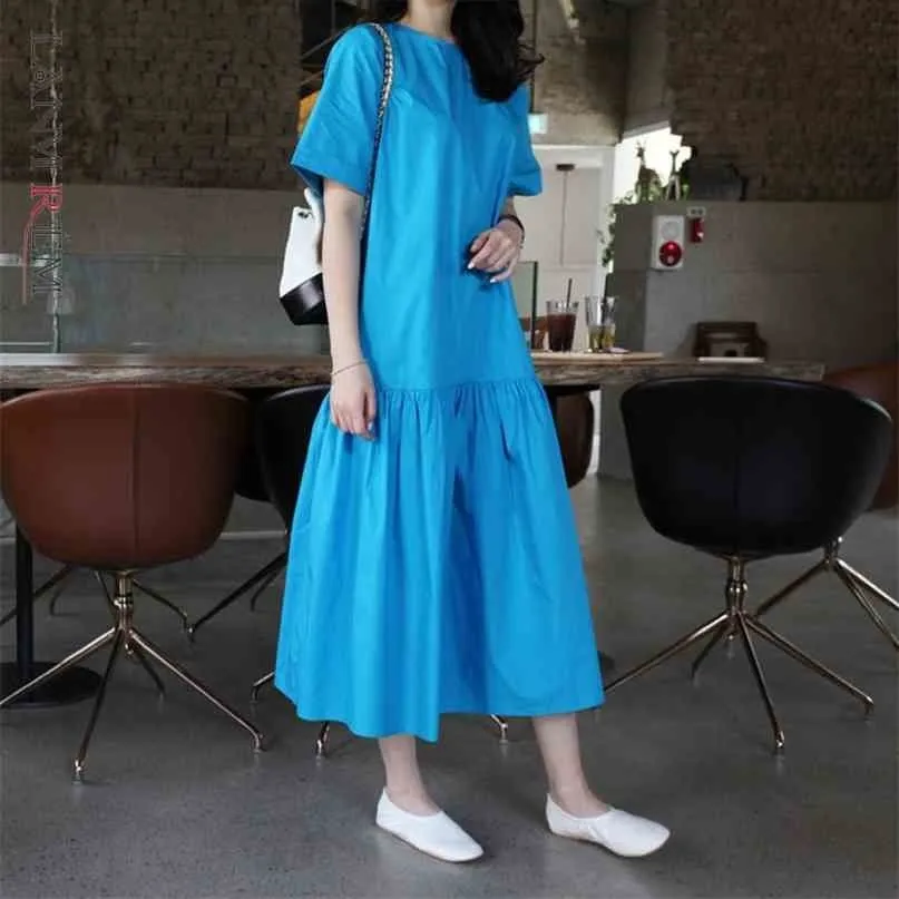 Vestido azul de manga corta de verano para mujer, versión coreana, suelto, de gran tamaño, de longitud media, vestidos con volantes 2D1666 210526