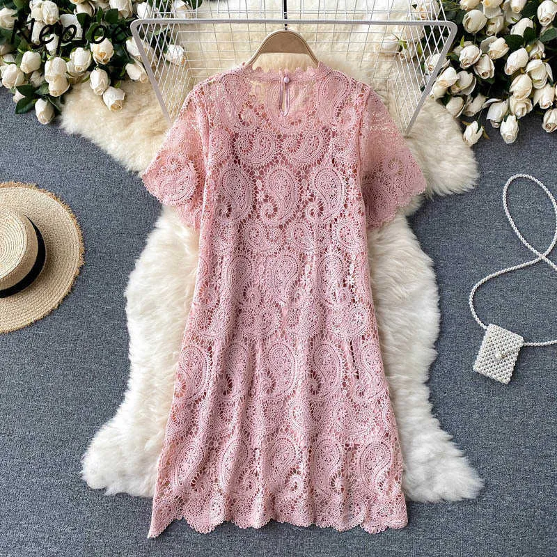 Neploe Elegant Lace Hook Flower Temperament Dress Women High Waist Hip A Line Slim Vestidos O Neck Pullover Short Sleeve Robe Y0823