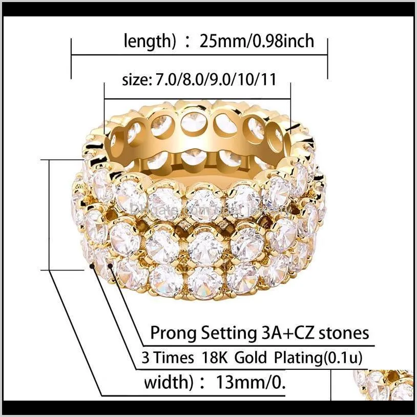3 row solitaire men`s ring copper charm gold silver color a+ cubic zircon iced ring fashion hip hop jewelry for men