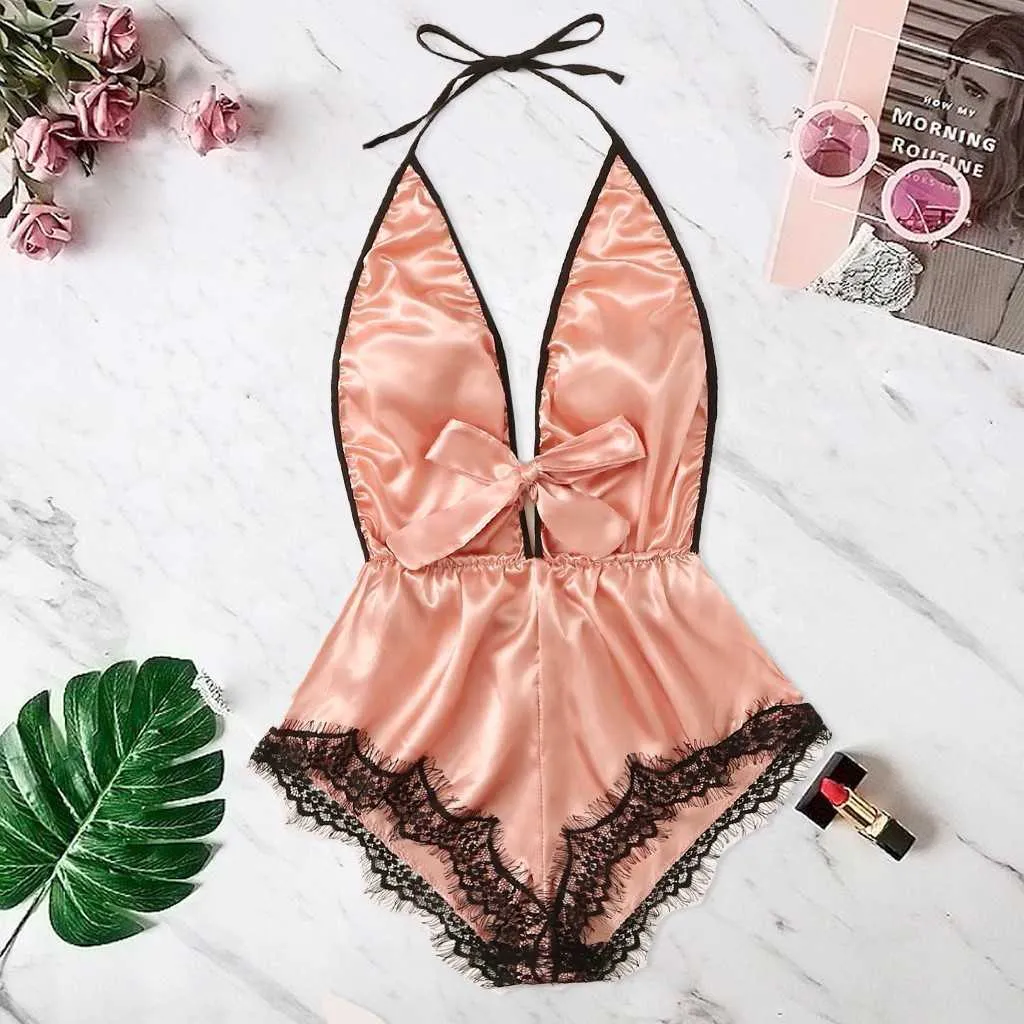 Pink Lingerie For Women V Neck Lace Sleepwear Lace Bodysuit