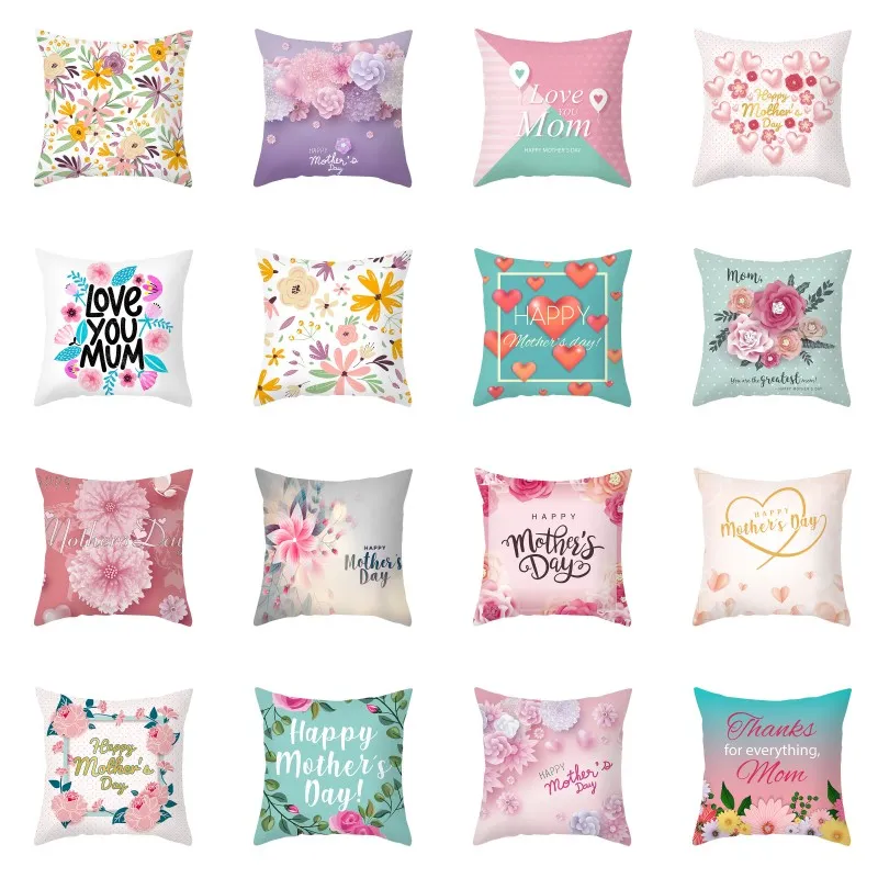 Happy Mother's Day Pillow Case Soft Fabric Flannelette Square 18x18 Inch Floral Printed Cushion Cover