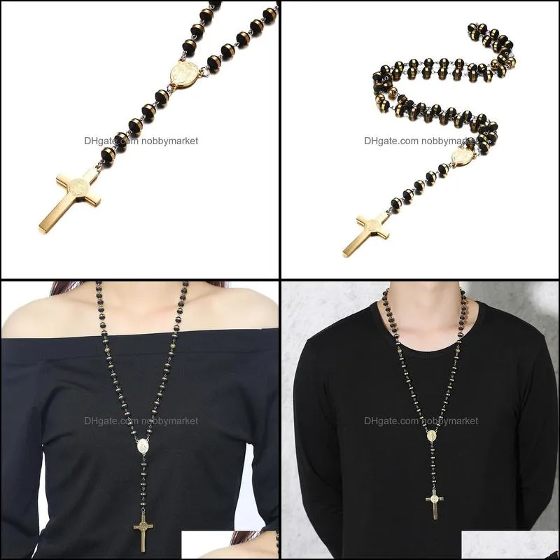 Meaeguet Black/Gold Color Long Rosary Necklace For Men Women Stainless Steel Bead Chain Cross Pendant Women`s Men`s Gift Jewelry