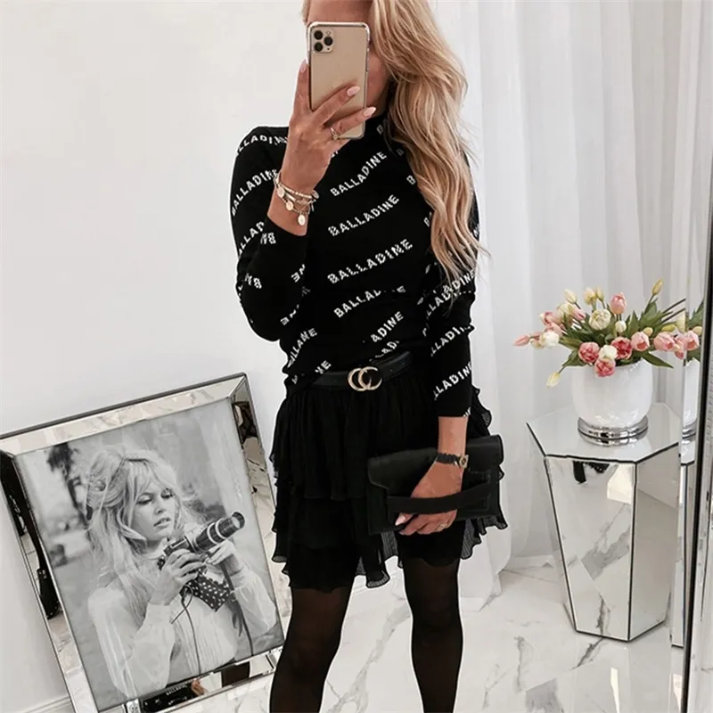 Bodycon Frau T-shirts Herbst Langarm T-shirt Brief Drucken Tops Frauen Weiß Schwarz Kleidung Weibliche ropa mujer 210317