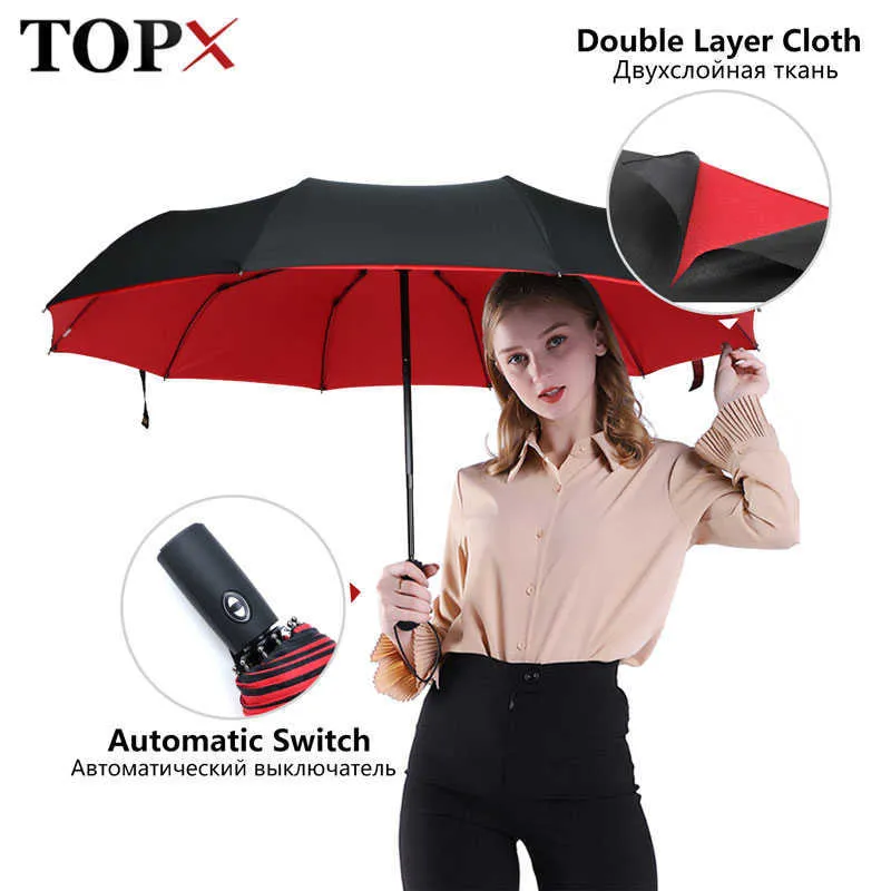 Forte Coupe-Vent Automatique Double Parapluie Pluie Femmes 3Fold Femme Homme 10 Os De Voiture De Luxe Grandes Affaires Parapluies Hommes Parasol 210626