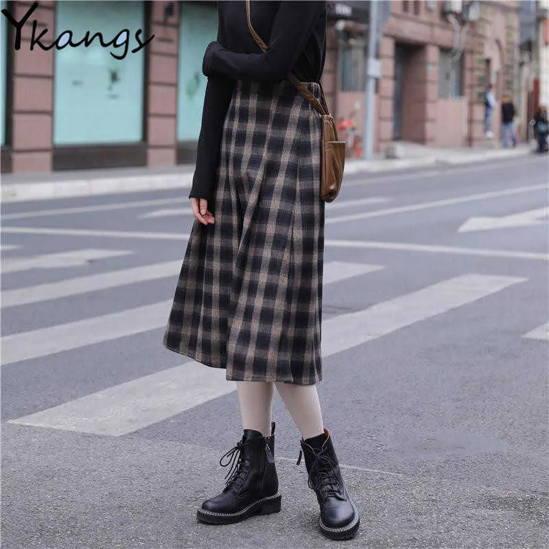 Herfst winter vintage wol plaid rok vrouwen harajuku hoge taille lange rok plus size lady office casual rokken streetwear 210619