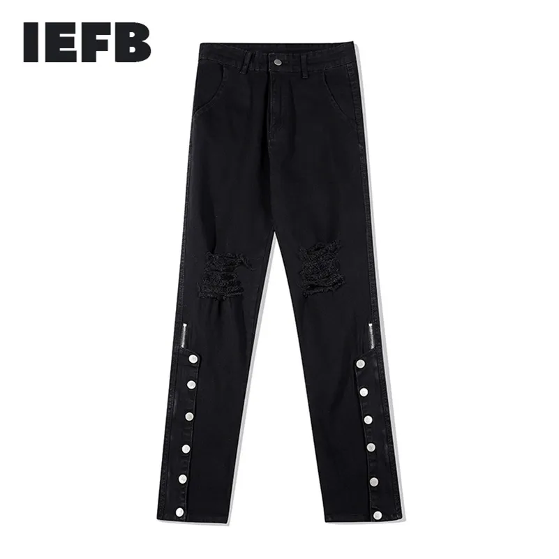 IEFB Gamba con fibbia Zipper Split Jeans Moda uomo Foro Pantaloni larghi neri dritti Streetwear Trend Pantaloni causali 9Y7498 210524