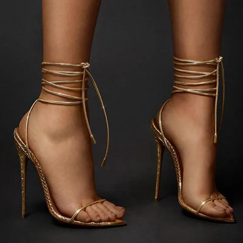 Luxury Lace-Up Gladiator Sandals: Chic Stiletto Heel Designer Shoes Open  Toe Gold High Heels for Women's Summer Parties, Plus Sizes