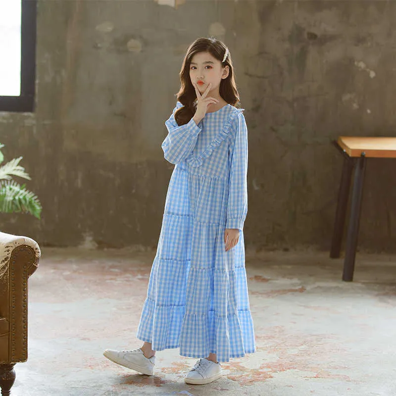2021 Spring Korean Stil Barn och Tonårsflickor Elegant Lång Stil Plädklänning Barn Bomull Lös Casual Kläder Fahion, # 9406 Q0716