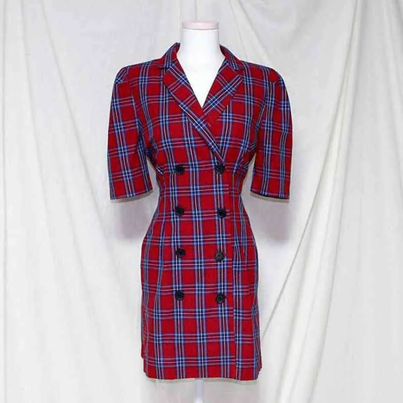 Rood Geel Plaid Notch Collar Puff Sleeve Short Double-Breasted A Line Vintage Mini Jurk D1329 210514