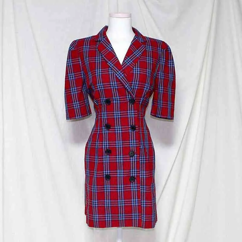 Röd gul Plaid Notch Collar Puff Sleeve Kort dubbelbröst En linje Vintage Mini Dress D1329 210514