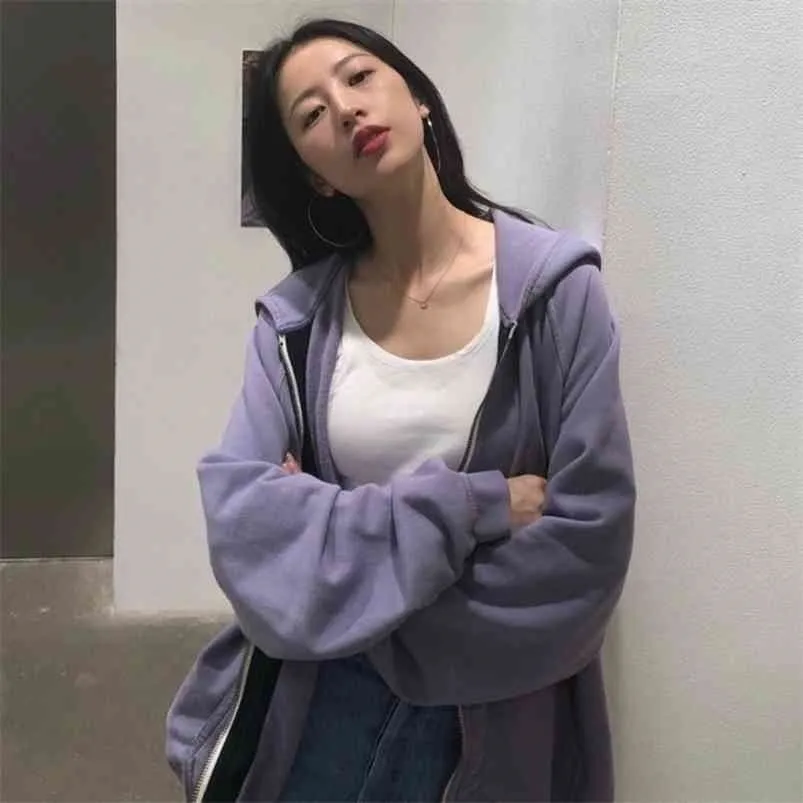 Zip Up Femmes Sweat à capuche Printemps Coréen Manches longues Violet Sweetshirts Lâche Casual Veste Harajuku Sweats à capuche Chic Femme Vêtements 210816