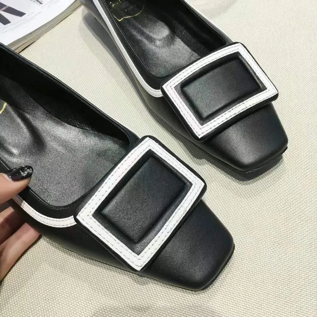 2021122001Y 34/40 black white heels shoes flats genuine leather sqaure buckle 4.5cm/2.5cm chunky heels kitten must have calf skin