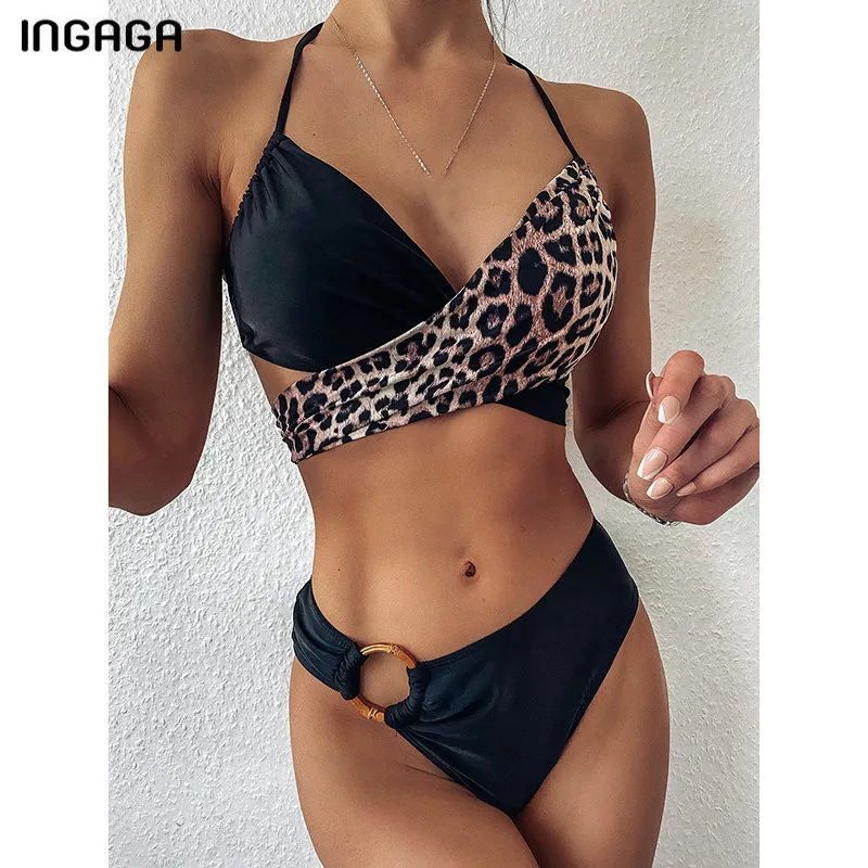 Ingaga Leopard Bikini Zestaw Wysokiej talii Swimsuit Kobiet Push Up Swimwear Kobiet Krzyż Bandaż Kostium kąpielowe String Halter Beachwear 210318