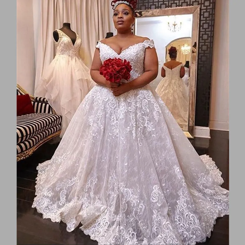 Off Shoulder Lace Wedding Dress: Plus Size A Line Gown Elegant