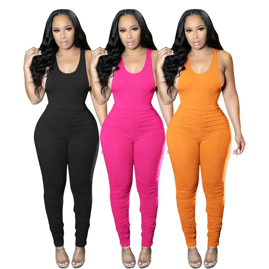 Womens Jumpsuit Full Pant Round Neck Solid Pleated Sleeveless Jumpsuits From Sexforyou 28 15