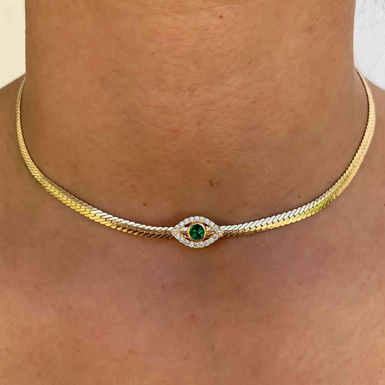 Green Red Blue CZ Evil Eye Charm Classic Trendy Women Jewelry Gold Color 4MM Plain Herringbone Snake Chain Choker Necklace