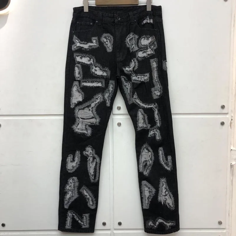 Männer Jeans Distressed Endless Damage Loch Denim Jean Männer Frauen Gerade Fluoreszierende Grüne Buchstaben Stickerei Hosen232m