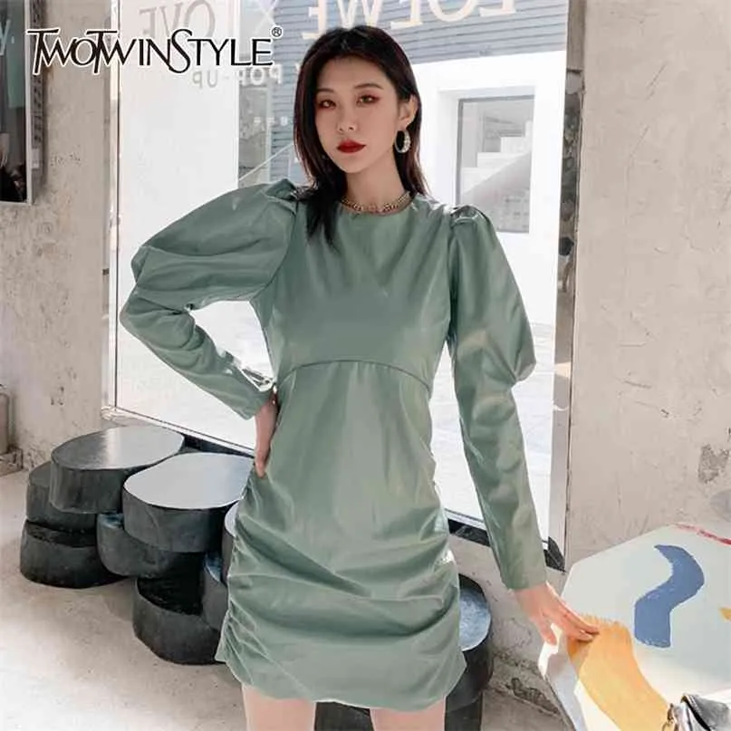 PU Leather Ruched Dress For Women O Neck Puff Sleeve High Waist Bodycon Slim Dresses Female Fashion Clothing 210520