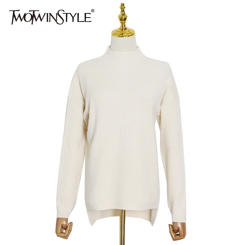 TWOTWINSTYLE suéter minimalista sólido para mujer cuello alto manga larga Casual blanco tejido Tops ropa de moda femenina 210517